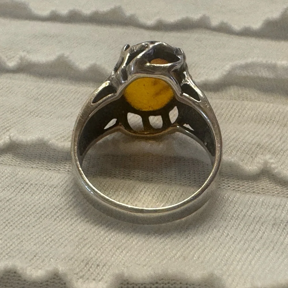 Antique Silver Yellow Amber Cabochon Cocktail Ring Bezel Gemstone Filagree Sz 7
